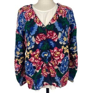 Vintage The Eagles Eye Hand Knit Floral Cardigan Sweater Large Black Pink Bold